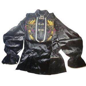 Vtg shirt Black Embroidered Top Gold Dragons Frog Closures Bell Sleeves blouse